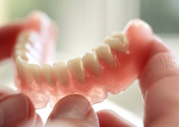 Dental technician holding a denture.